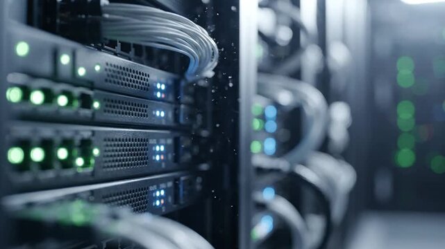 Close-up of a server rack with network cables and blinking lights.
