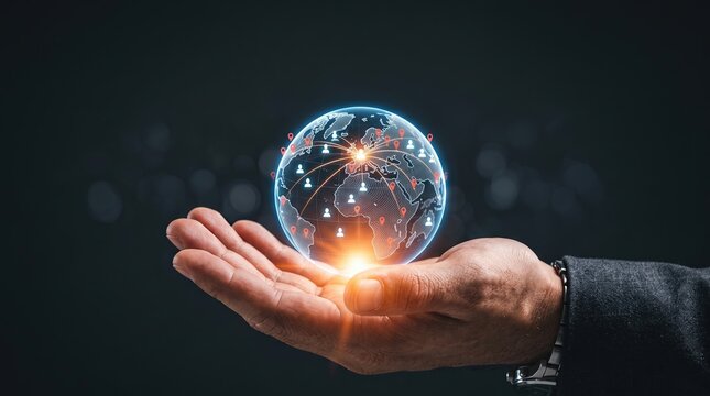 3D Digital Illustration of Hand Holding Glowing Holographic World Globe with Network Connections and User Icons for Global Business Expansion and Digital Networking