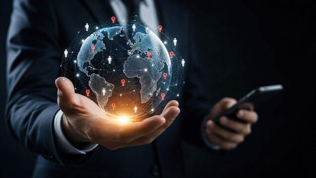 Global Business Networking Concept with Glowing Digital Earth and Human Connection Icons for International Logistics and Corporate Communications