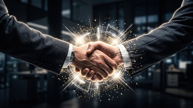 3D digital illustration of professional business handshake with glowing technological interface and gold particles for corporate partnership and fintech marketing.
