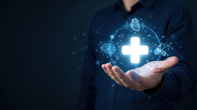 Futuristic Digital Healthcare Interface with Hand Holding Glowing Medical Icons for Telemedicine and Health Insurance Marketing