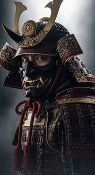 A striking portrait of a Japanese samurai warrior in full traditional armor and a fearsome mask, set against a dramatic, misty background.