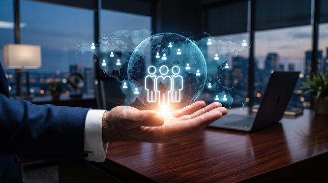 Glowing World Globe with People Icons in Businessman Hand for Global Recruitment and International Human Resources Marketing