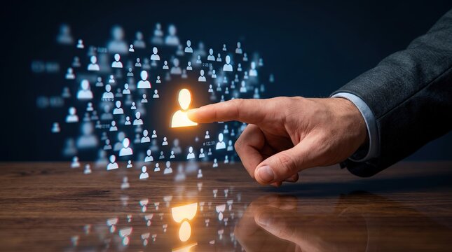 3D Illustration of Businessman Hand Selecting Glowing Gold Person Icon for Human Resources Recruitment and Customer Segmentation Marketing