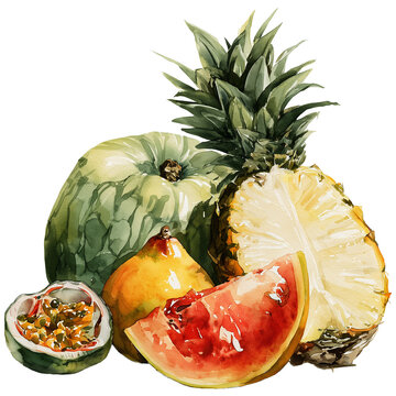 Water color illustration of Tropical Fruits on transparent background