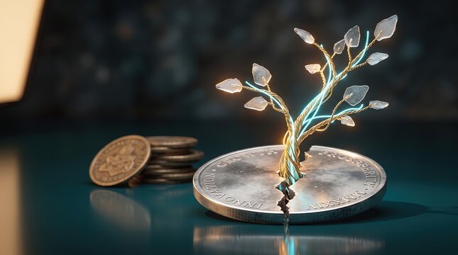 3D Render of Glowing Gold Seedling Emerging from a Cracked Silver Coin for Financial Innovation, Wealth Development, and Prosperity Growth Marketing