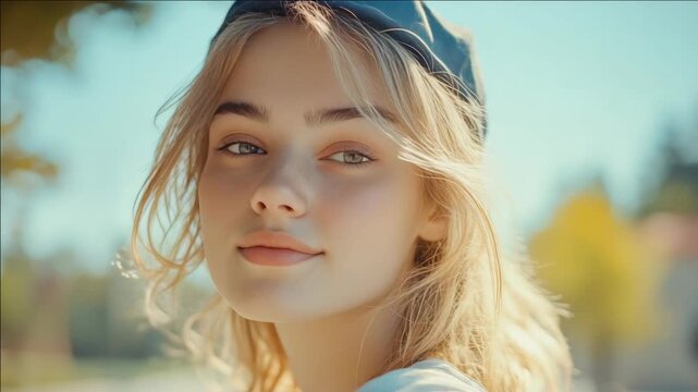 A young woman with radiant skin and blonde hair smiling softly at the camera on a sunny day.