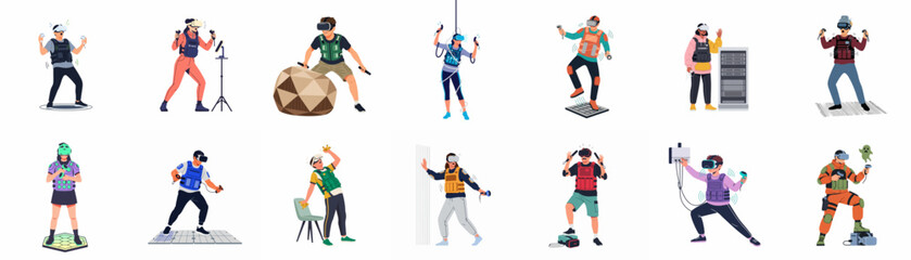 Fototapeta premium Flat vector illustration set of diverse people wearing virtual reality headsets and haptic vests, engaged in various immersive digital experiences on white backgrounds.