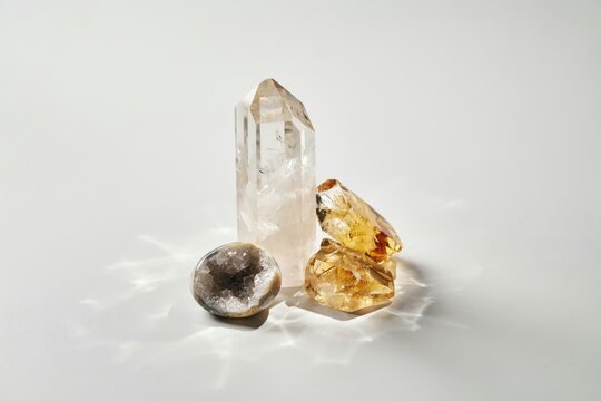 A collection of natural crystals including a clear quartz point, golden citrine clusters, and a dark smoky quartz stone on a plain white background