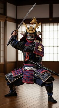 A warrior in traditional Japanese samurai armor, holding a sword in a dynamic pose.