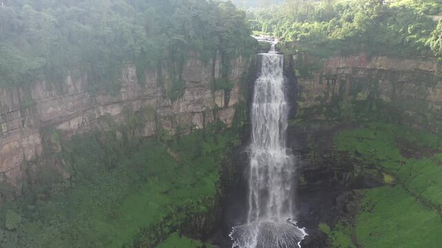 Aerial view of Tequendama Falls in a lush Colombian gorge