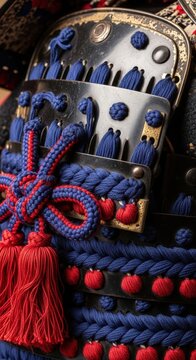 Close-up view of intricate blue and red lacing on traditional Japanese samurai armor.