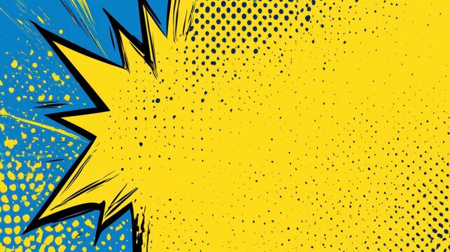 Bright yellow and blue comic art shows a retro hero style with bold outlines and halftone effects. There is space for added text.