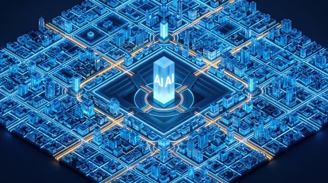 3D Isometric AI Smart City with Glowing Blue Digital Grid Architecture and Central Artificial Intelligence Hub for Technology and Urban Planning