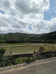 Fototapeta premium Rural Agricultural Fields and Forested Mountains under Cloudy Blue Sky in Ishigaki Okinawa Japan