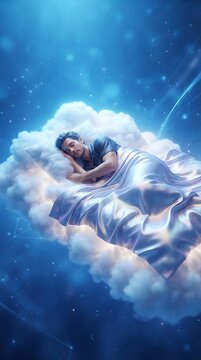 Peaceful man sleeping peacefully on a fluffy cloud in dream sky
