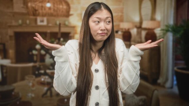 Woman shrugging palms up wearing white sweater and long hair in a cozy living room setting inside building; uncertain doubt.