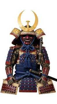 A traditional suit of Japanese samurai armor in blue and red, featuring a fierce mask and a golden crescent moon crest.