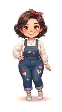 Sweet little girl character in stylish overalls standing and smiling