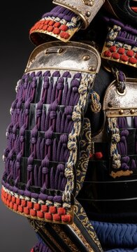 Detailed close-up of ornate Japanese samurai armor with purple and red silk lacing.