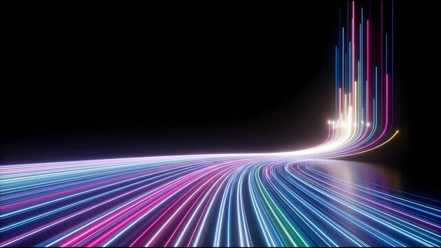 Abstract colorful neon light trails streaming horizontally and curving upward on reflective floor