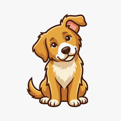 Cute golden puppy cartoon illustration, brown dog sitting with tilted head and friendly expression, white muzzle and chest, vector graphic isolated on white background.
