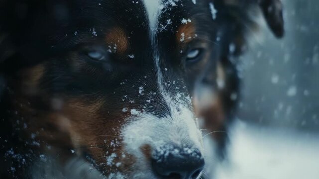 A brown and white dog's face covered in snow, with captivating blue eyes looking into the distance.