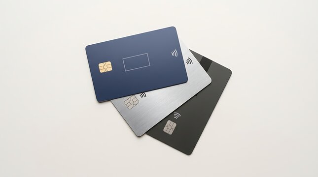 Three blank credit cards with chips and contactless payment symbols on a flat surface