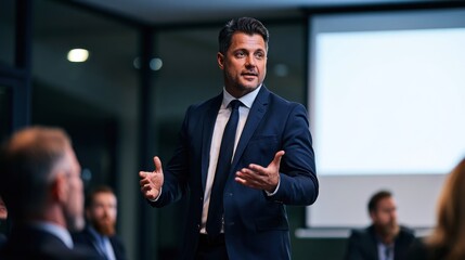 Fototapeta premium A man in a suit standing in front of a group of people in a conference room with a large screen in the background.