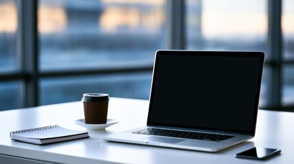 Fototapeta premium A laptop with a blank screen, a cup of coffee, and a notebook on a white desk in front of a large window with a cityscape view.