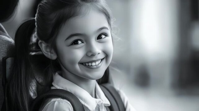 A cheerful young child wearing a dress shirt and tie. She is smiling and looking towards the camera.