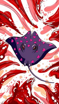 Abstract artistic red and white stingray fish pattern design on canvas