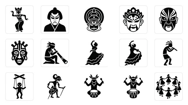 Diverse cultural performance art icons: dance, masks, puppets, musicians, traditional costumes