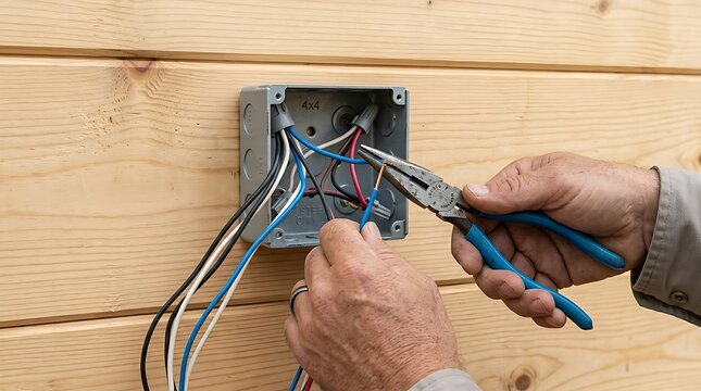 Electrician hands using pliers to connect wires in an electrical box mounted on a wooden wall