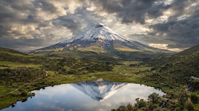 Majestic snow covered mountain peak towering above a green valley and reflective lake