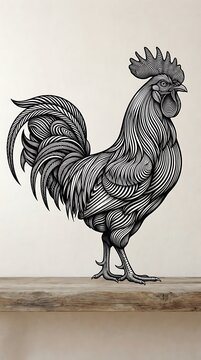 Majestic rooster chicken standing tall in artistic black and white sketch