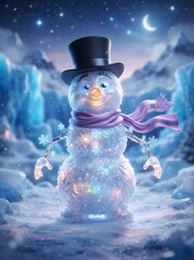 Obraz premium Charming snowman character with hat and scarf in magical winter landscape