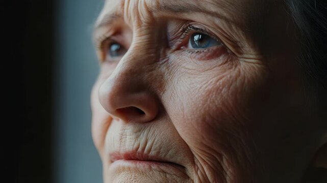 An old woman with aged skin and closed eyes, possibly reflecting a moment of deep contemplation, sadness, or even joy.