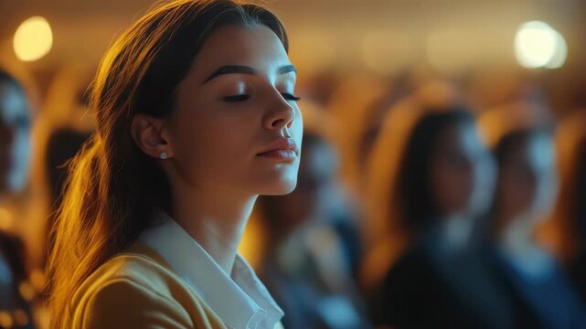 A focused woman in a crowd at an event. She looks thoughtful and ready for action.