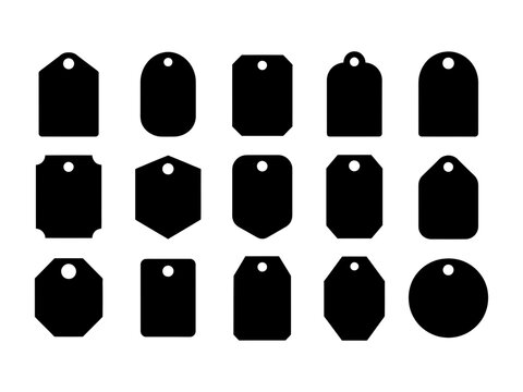 Set of sixteen black price tags and labels in various shapes and sizes isolated on white background, Vector, illustration