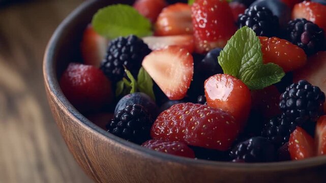 Colorful summer berry and apple salad on tabletop surface. Fresh berries include strawberries, blackberries and raspberries with a hint of mint leaf garnish.