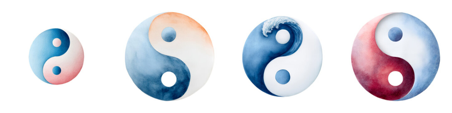 Yin Yang Symbol Set - Harmony and Balance Concepts in Watercolor Style Illustrations