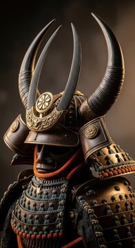 Close-up portrait of a formidable samurai warrior in traditional horned helmet and ornate armor.