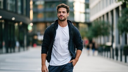 Fototapeta premium A man in a black jacket and white t-shirt walking down a city street.