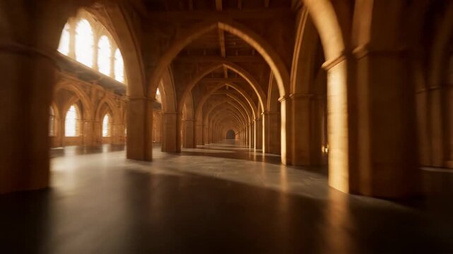 Endless gothic arch corridor with warm sunlight casting long shadows on wooden floor, atmospheric perspective and architectural depth