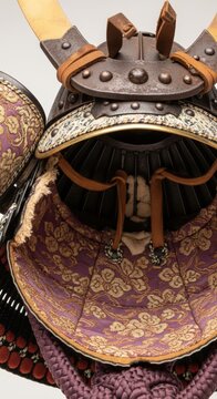 Close-up view of the intricate purple and gold silk lining inside a traditional Japanese samurai helmet.
