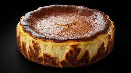 Fototapeta premium A perfectly baked basque cheesecake with a characteristic dark caramelized crust isolated on a dark background, showcasing rich texture and authentic style
