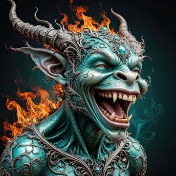 Portrait of a cheerful demon on fire. A green-pearl laughing monster. An image for computer games.
