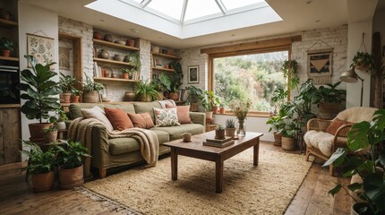 Fototapeta premium Cozy Modern Living Room with Indoor Plants and Natural Light