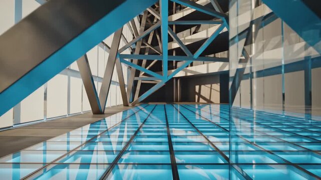 Modern architectural interior with glass floor and metallic beams, blue light illumination reflecting on surfaces, abstract futuristic structure